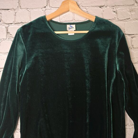 Vintage Sport Savvy Forest Green Velvet Long Sleeve Knit Top Size Large Made USA - Picture 2 of 10